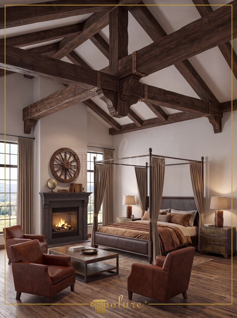 Living rustic de cabană cu șemineu din piatră și candelabru din grindă