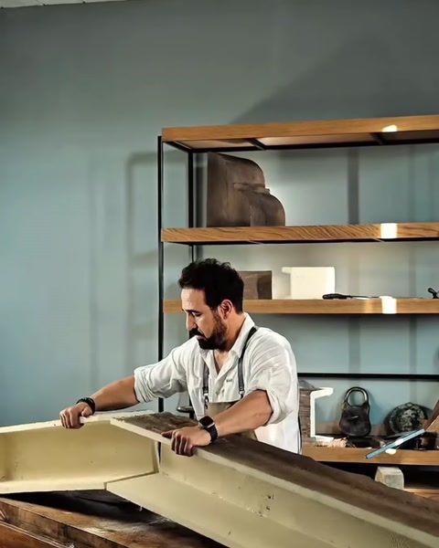 Bărbat lucrează la o grindă goală pe interior, în atelier