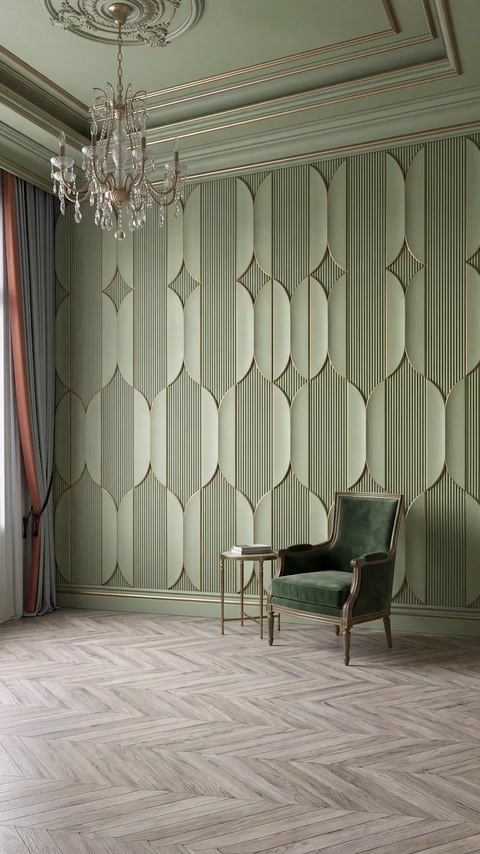 Panouri decorative verzi compun un perete accent cu ritm geometric.