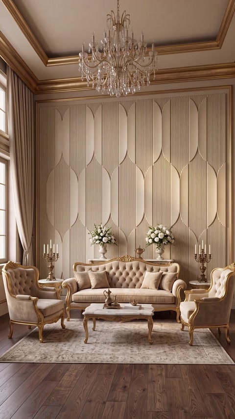Peretele bej cu panouri decorative completează salonul în stil clasic.