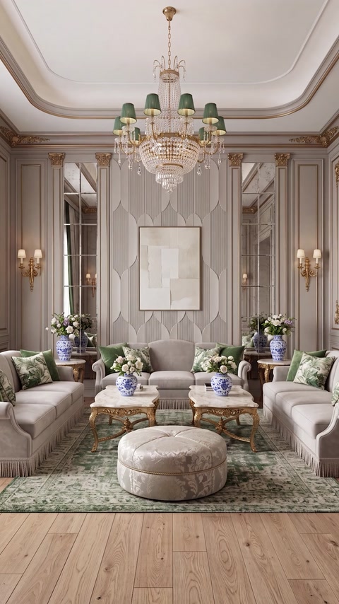Livingul elegant prezintă panouri gri integrate între profile decorative clasice.