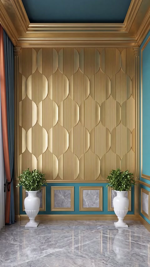 Panouri crem geometrice acoperă peretele unui hol clasic cu plante decorative.