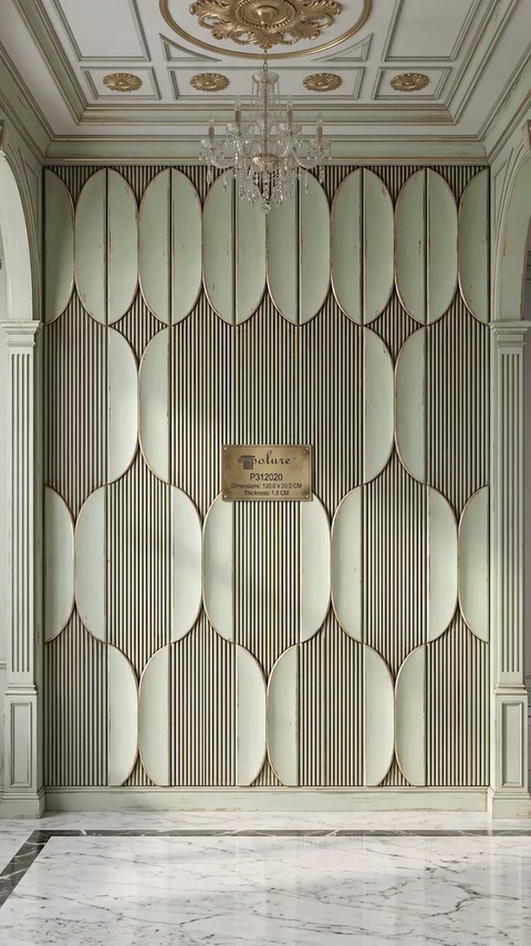 Placarea albă combină forme ovale și striații într-un interior ornamental.