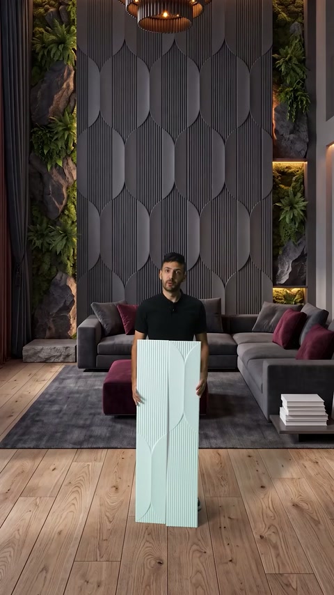 Un panou turcoaz este prezentat vertical în salonul cu placare gri.
