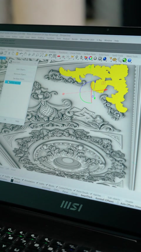 Modelul digital evidențiază compoziția ornamentală destinată suprafeței înclinate.