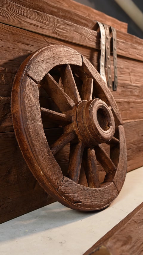 Roată ornamentală cu spițe și finisaj rustic, expusă lângă grinzi