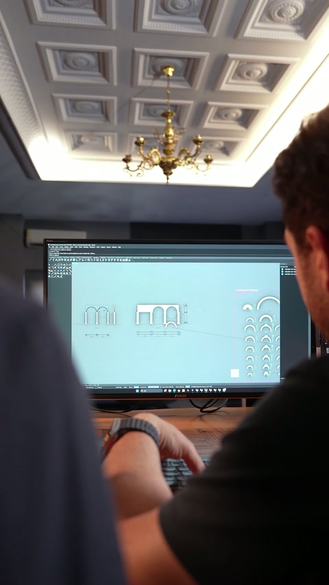 Un designer analizează pe monitor variante de arcade și coloane decorative.