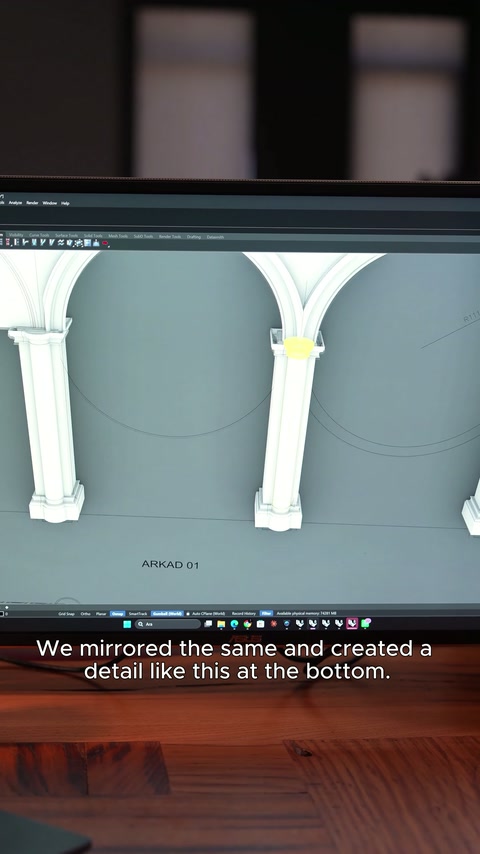 Modelul digital arată îmbinarea dintre coloana decorativă și arcul curbat.