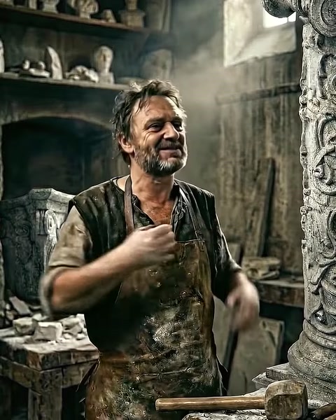 Artizanul epuizat gesticulează lângă coloanele din piatră.