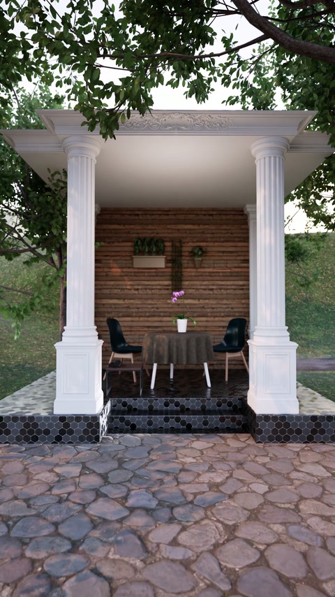 Pergolă finalizată cu două coloane decorative și baze pătrate