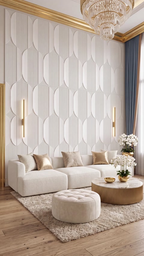 Living modern cu perete acoperit integral de panouri tridimensionale.