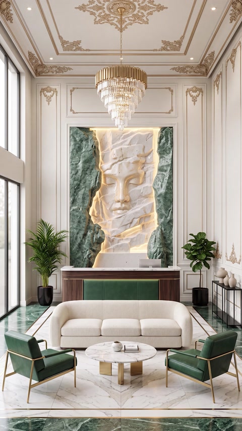 Basorelief vertical iluminat integrat într-un living elegant