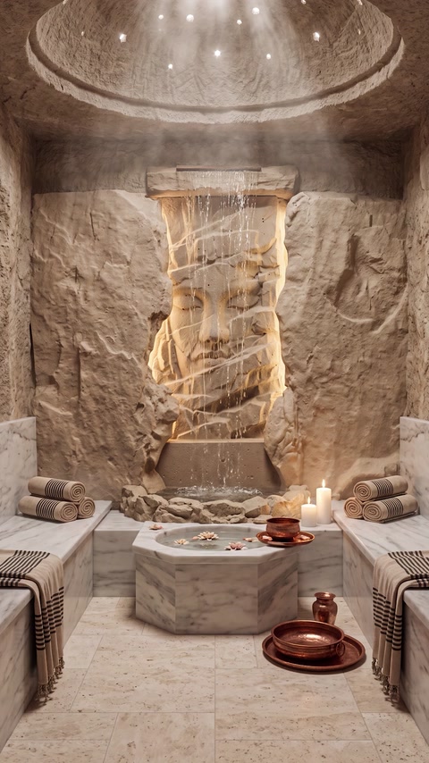Panou mural cu relief stâncos montat într-o baie