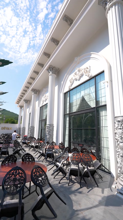 Detaliile fațadei evidențiază reliefuri, cornișe și coloane decorative
