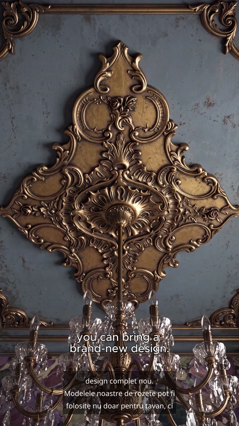 Detaliu al unei rozete romboidale cu finisaj bronz și relief floral.