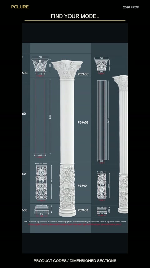Planșa tehnică afișează coduri și dimensiuni pentru coloane decorative.