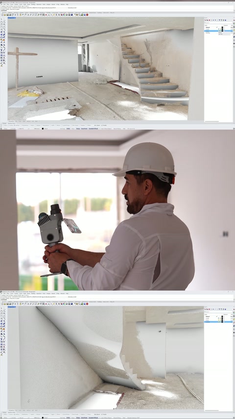 Software-ul afișează fotografii ale scării și modele digitale ale încăperii.