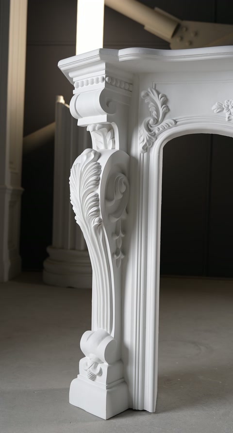 Montant canelat cu frunze sculptate susține polița decorativă profilată.
