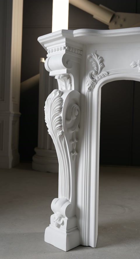 Element lateral ornamentat al șemineului, prezentat de aproape în atelier.