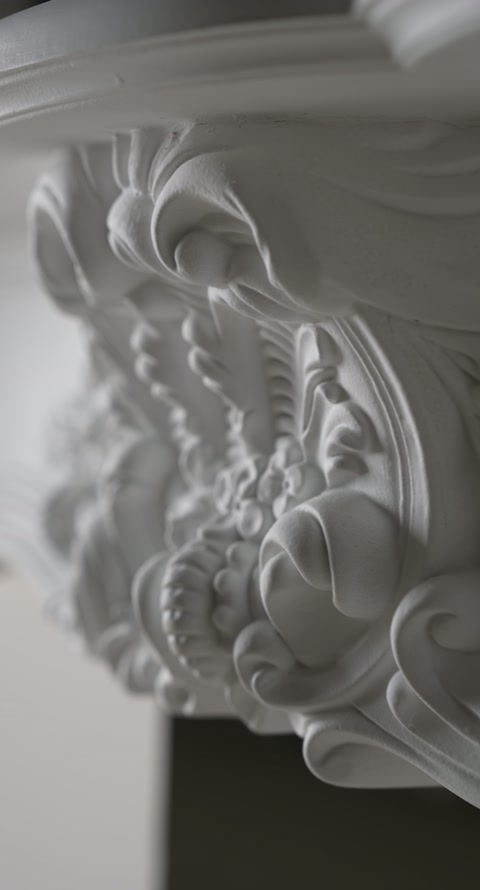 Relief vegetal alb cu frunze răsucite și detalii sculpturale adânci.