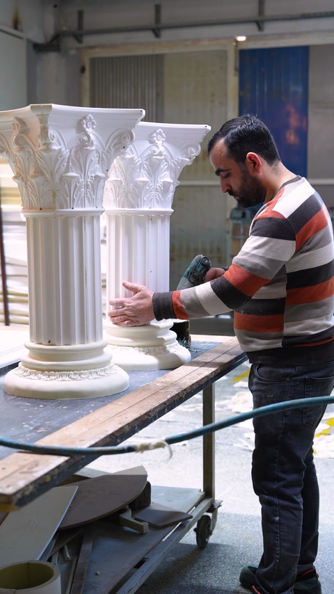 Coloana completă, cu capitel și bază ornate, este inspectată.