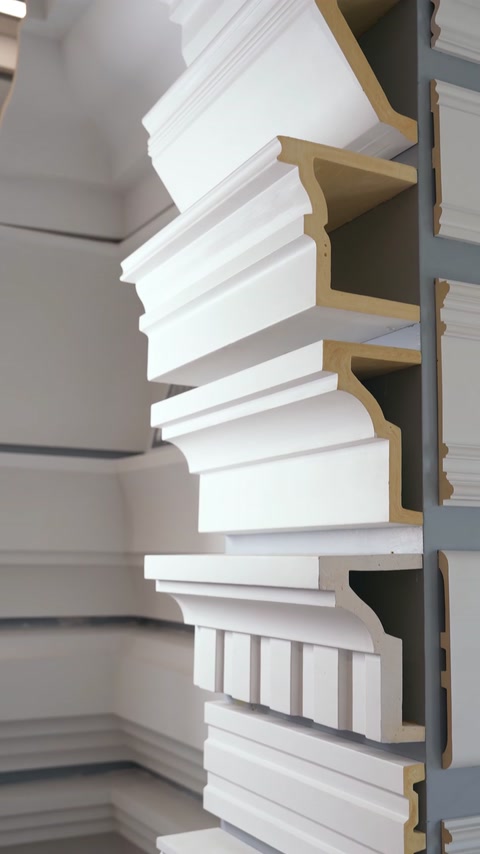 Profile decorative din poliuretan expuse pe rafturi în numeroase secțiuni.