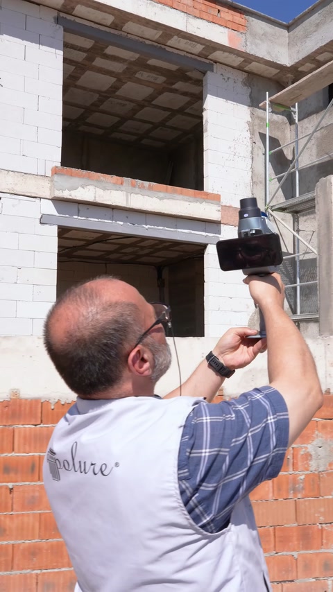 Operatorul verifică cu scanerul muchiile golului de la etaj.