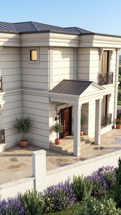 Randarea prezintă intrarea decorată cu profile exterioare și copertină.