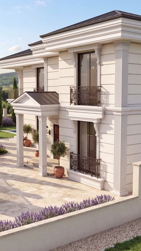 Fațada proiectată include coloane decorative, cornișe și ancadramente.