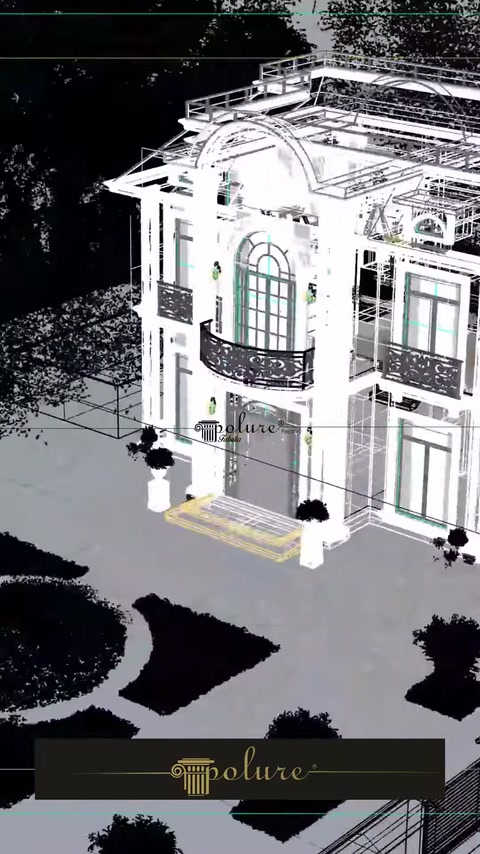Proiectul digital prezintă ancadramente, cornișe și coloane decorative.