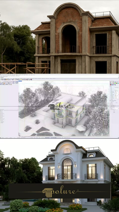 Comparația prezintă construcția nefinisată, modelul digital și fațada amenajată.
