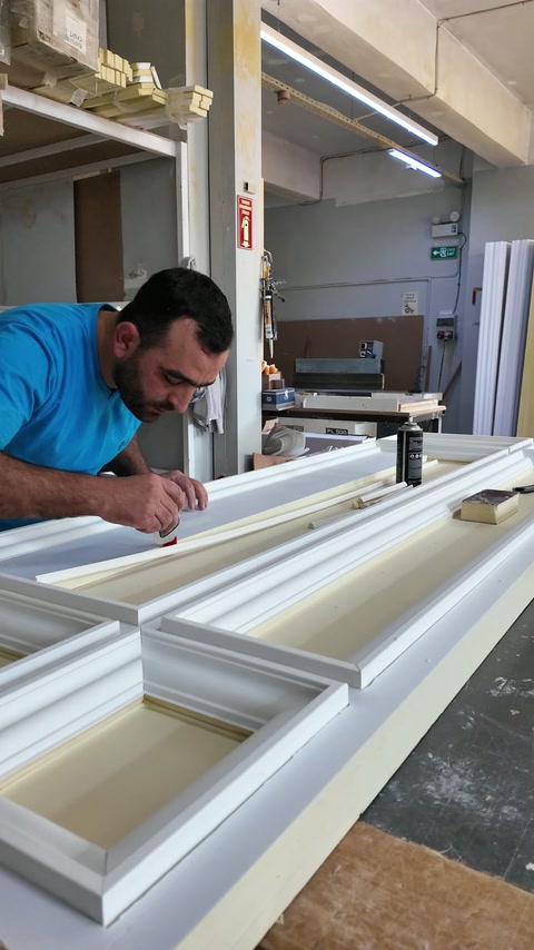 Meșterul aliniază profilele pe un panou decorativ de mari dimensiuni