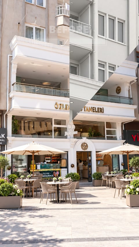 Clădire comercială renovată cu pilaștri, cornișe și intrare arcuită