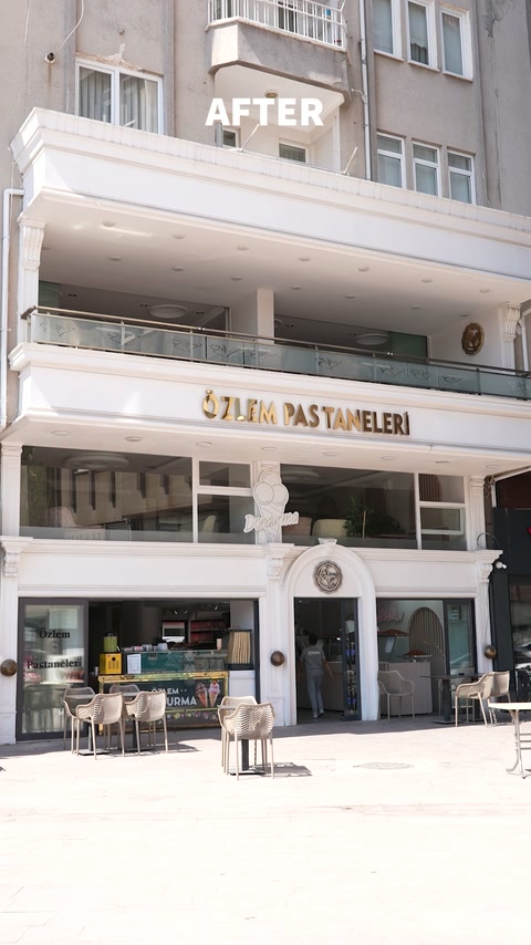 Vedere frontală a fațadei comerciale și terasei amenajate