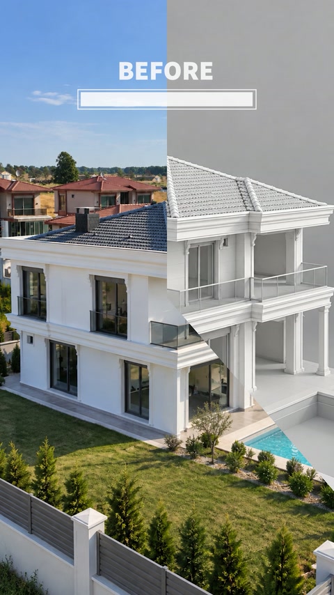 Vilă albă decorată cu cornișe, ancadramente și pilaștri exteriori