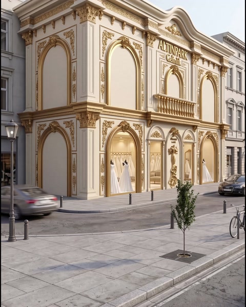 Fațadă bogat ornamentată, cu arcade, pilaștri și profile aurii la colț
