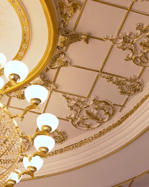 Detaliu tavan cu candelabru și ornamente aurii în colț