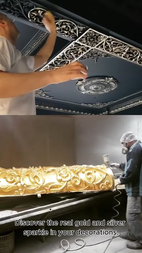 Finisare manuală a ornamentelor argintii montate pe plafonul închis