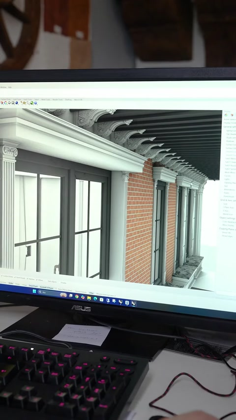 Detaliul digital evidențiază ancadramentele, cornișa și elementele verticale