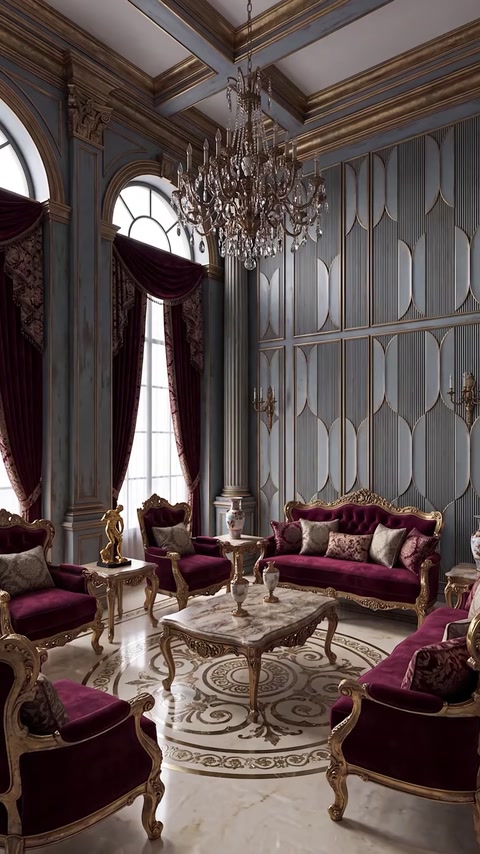 Salon clasic cu panouri decorative, ancadramente și cornișe elegante