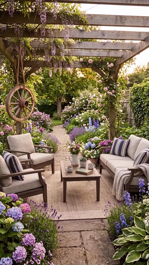 Pergolă rustică amenajată cu grinzi decorative și mobilier de grădină