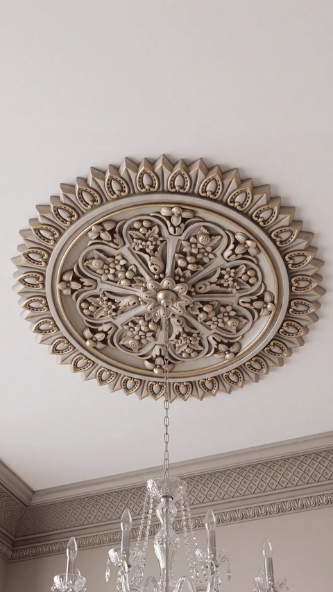 Rozetă ornamentală montată central pe tavanul unui interior clasic