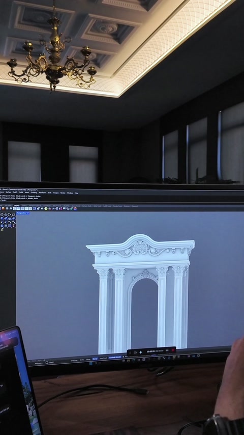 Model 3D complet al portalului cu pilaștri și arcadă