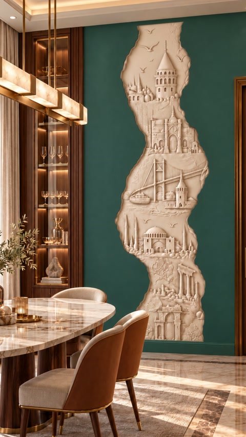 Panoul sculptural contrastează cu peretele verde dintr-un interior elegant.