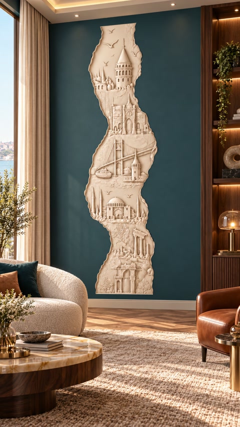Basorelieful montat devine accentul central al peretelui din living.