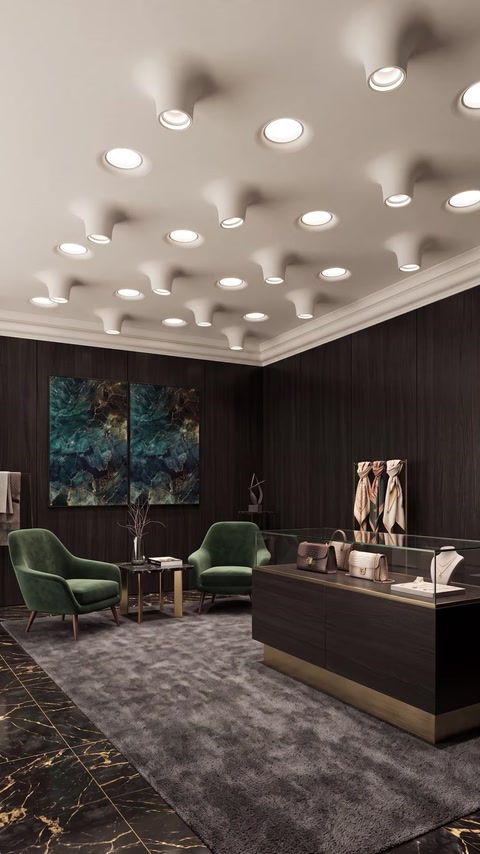 Amenajare interioară modernă cu tavan iluminat și mobilier elegant