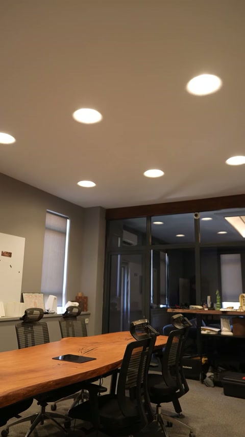 Încăperea profesională este luminată prin corpuri circulare montate în plafon.