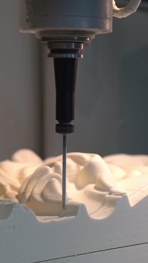 Utilajul CNC sculptează detaliile unui ornament cu relief vegetal.