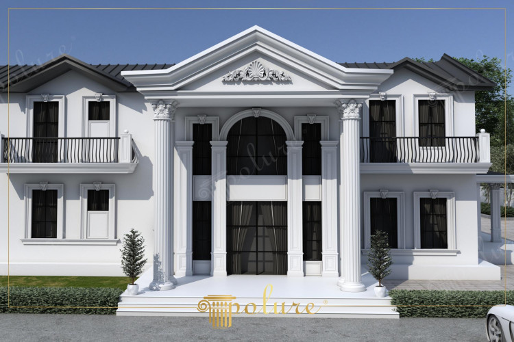 A Perfect Space, Classical Splendor on the Exterior of a Luxury Villa Emphasizes the potential of classical splendor on the exterior of luxury villas to create a perfect space Headboard indicates that exterior designs add classic splendor to luxury villas Rich details, ornate columns, with elegant ornaments and fascinating façade elements, these designs represent the pinnacle of luxury and aesthetics Architectural details in perfect harmony This title aims to be a source of inspiration for those who are interested in exterior designs that add value and attract attention to luxury residences.