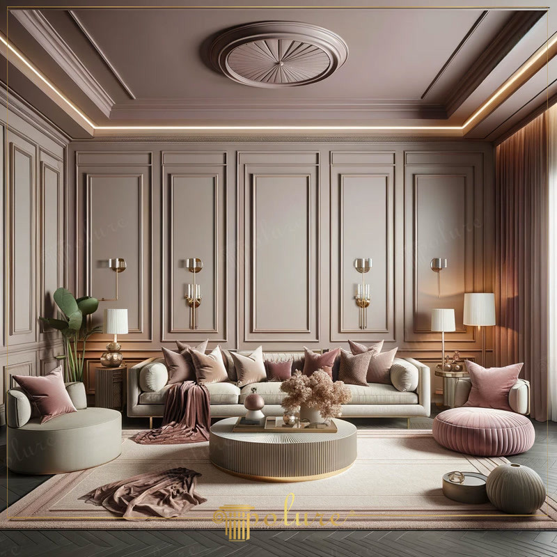 Decorare simplă cu șine de perete și tavan în camera de zi de design, împingând limitele eleganței